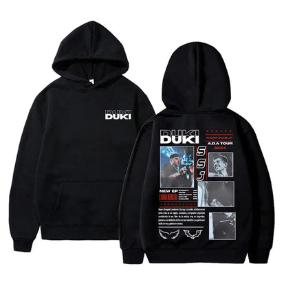 Black hoodie back side with duki branding graphic print tour 2024 images rapper duki merch trend hoodies men pullover male trend