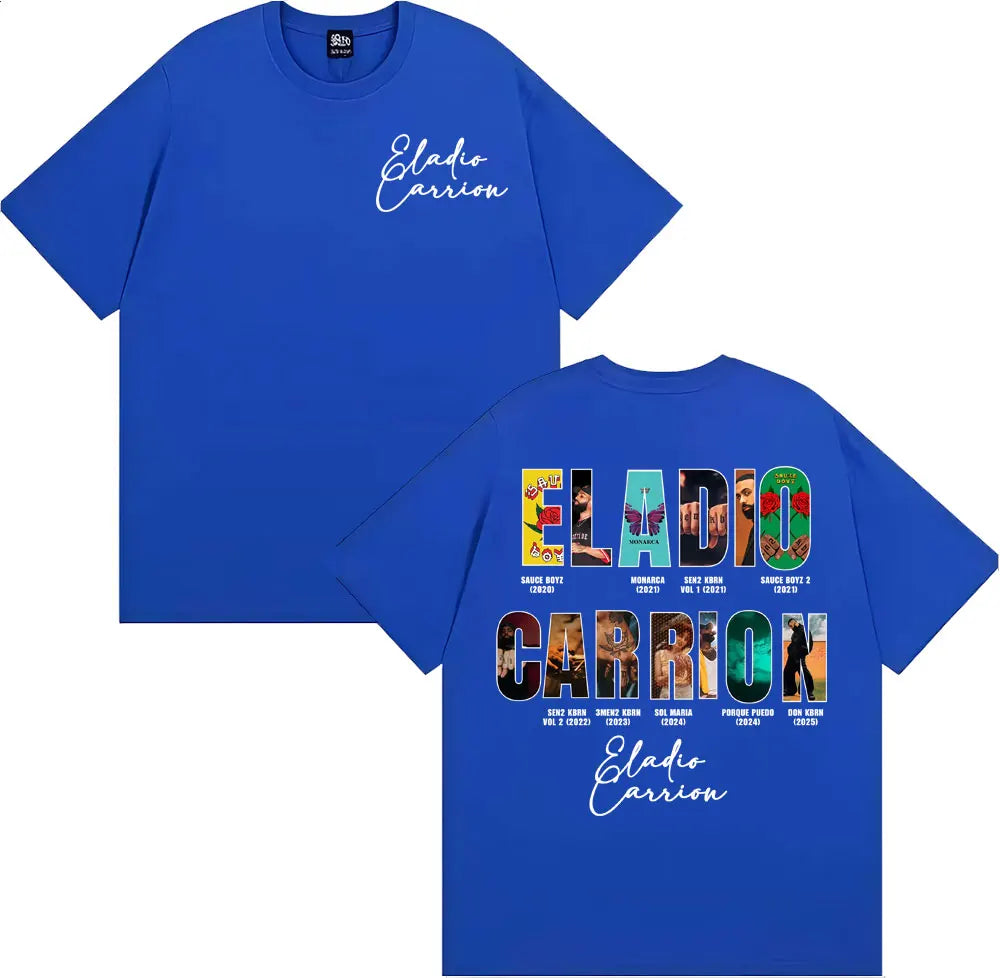 Royal blue rapper Eladio Carrion t-shirt with vibrant back graphic spelling artist name vintage 90s hip hop style