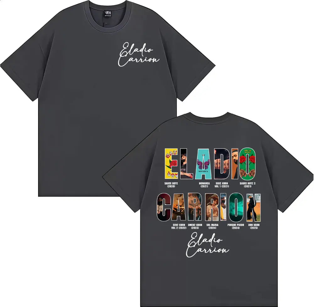 Dark gray eladio carrion t-shirt with colorful graphic design featuring rapper eladio carrion album cover vintage 90s hip style