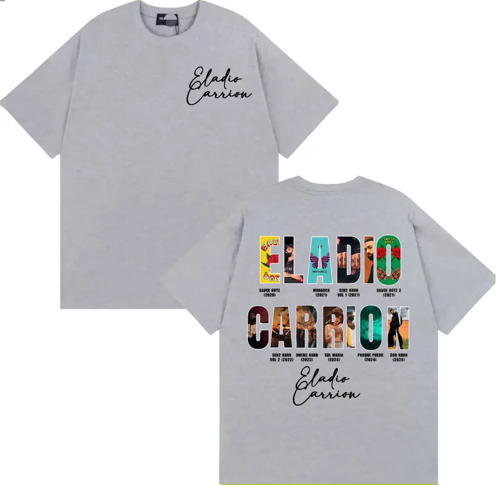 Light gray eladio carrion t-shirt back with colorful collage graphic of his name vintage 90s hip hop style
