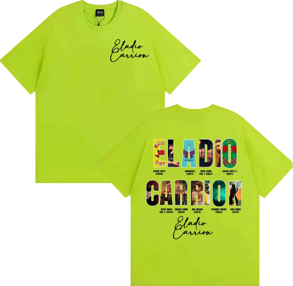 Vibrant lime green rapper eladio carrion t-shirt with bold colorful graphic featuring album art and vintage 90s hip hop style