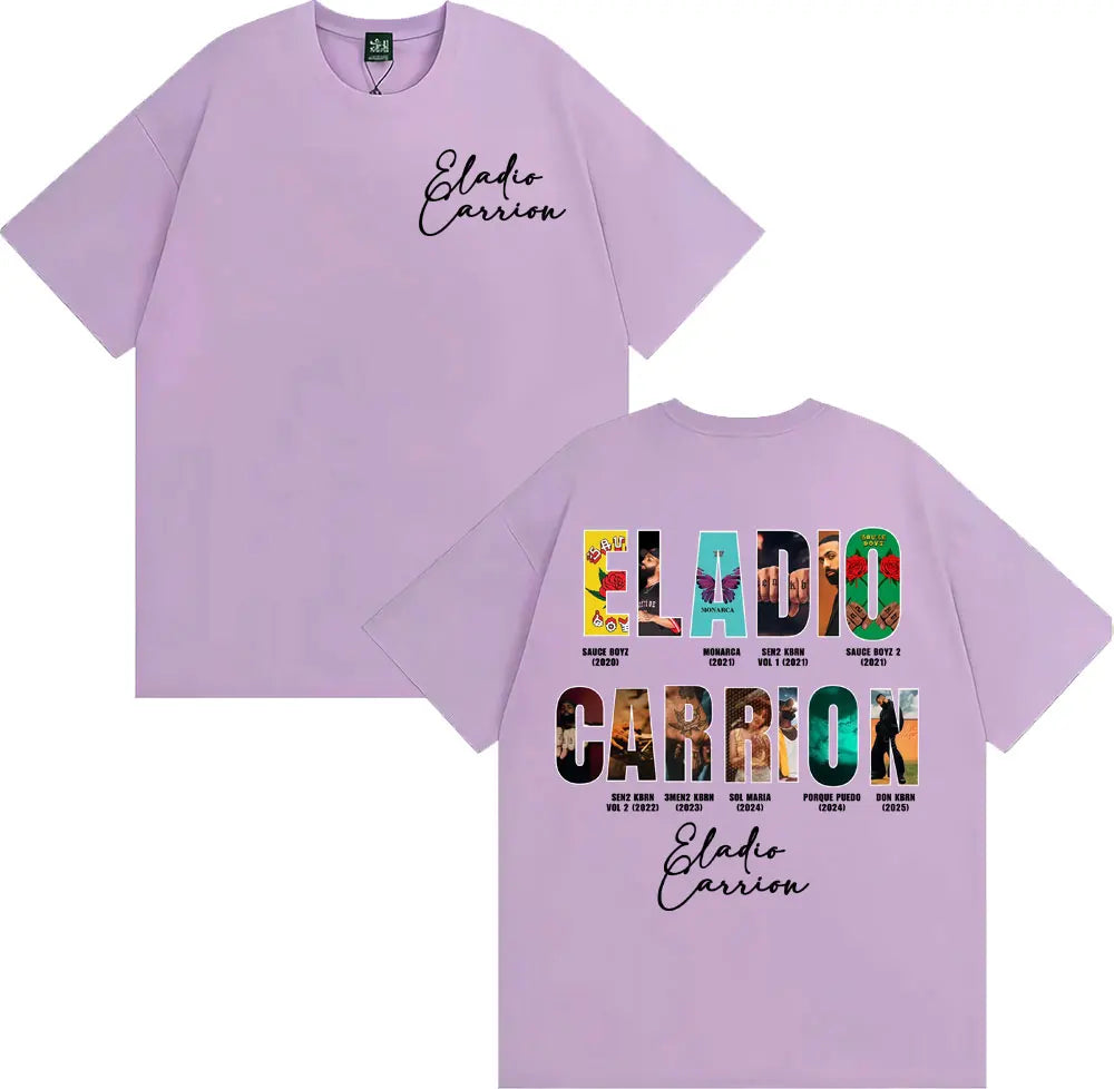 Lavender oversized t-shirt featuring rapper eladio carrion black cursive print front and colorful vintage 90s hip graphic back
