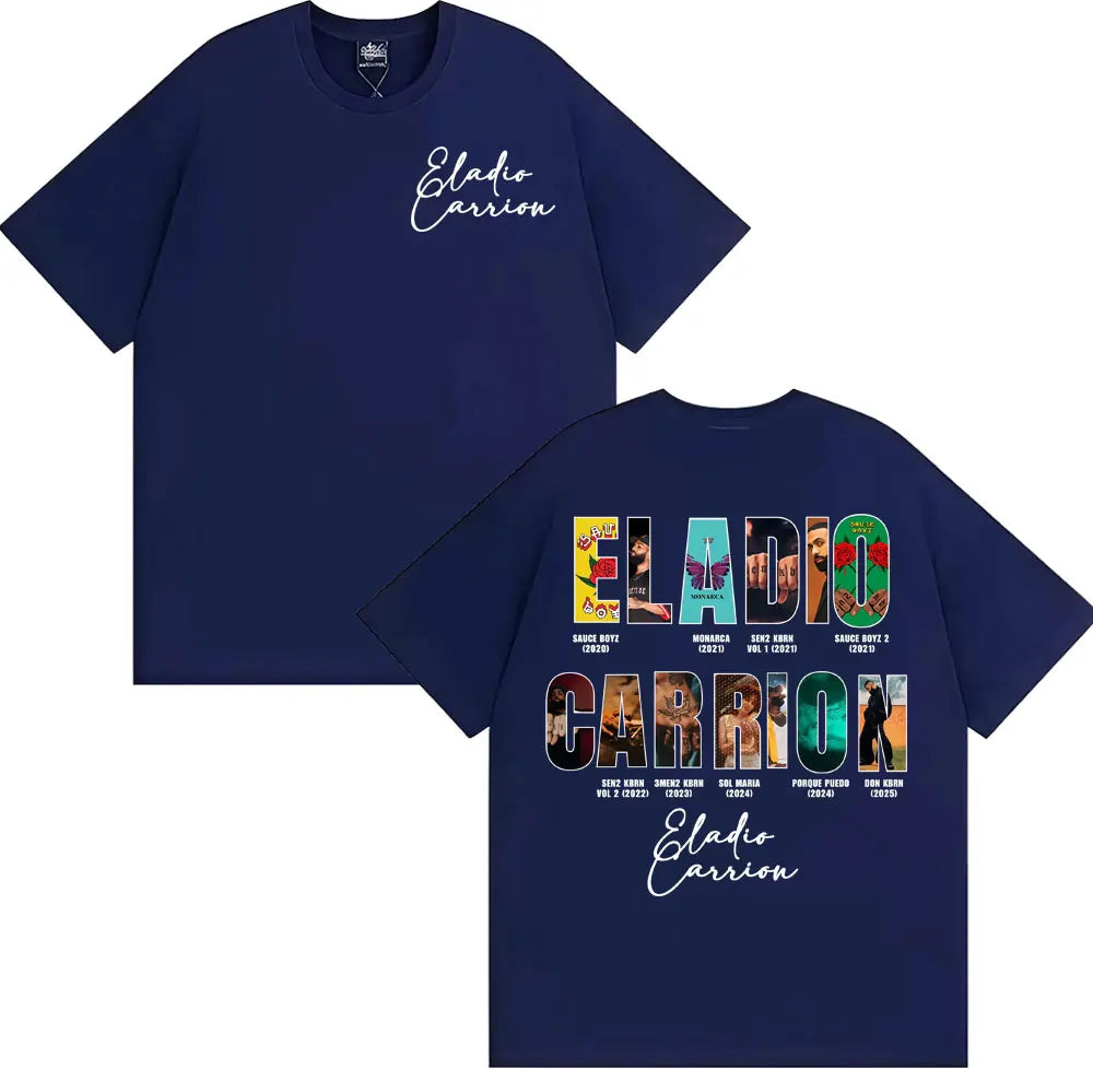 Back of navy blue rapper eladio carrion t-shirt with colorful collage lettering and white cursive signature vintage 90s hip hop style