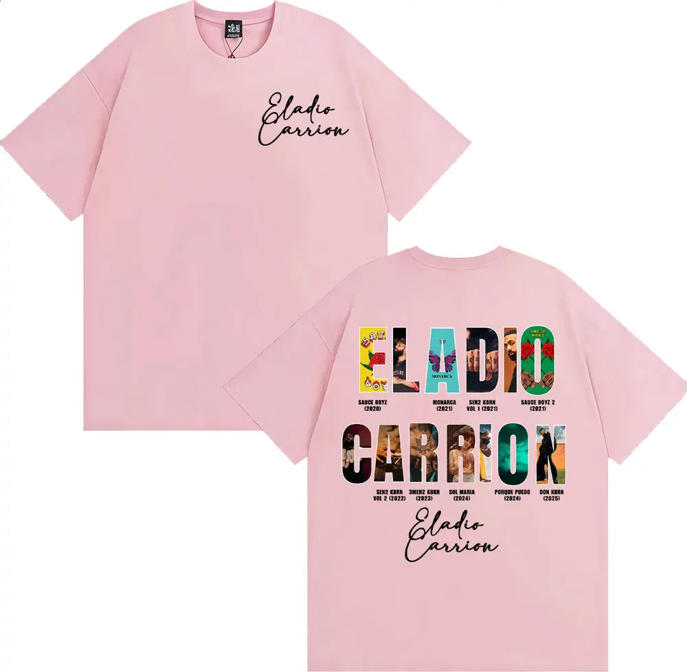 Pink eladio carrion t-shirt with colorful collage graphic on back and black cursive lettering for vintage 90s hip hop fans