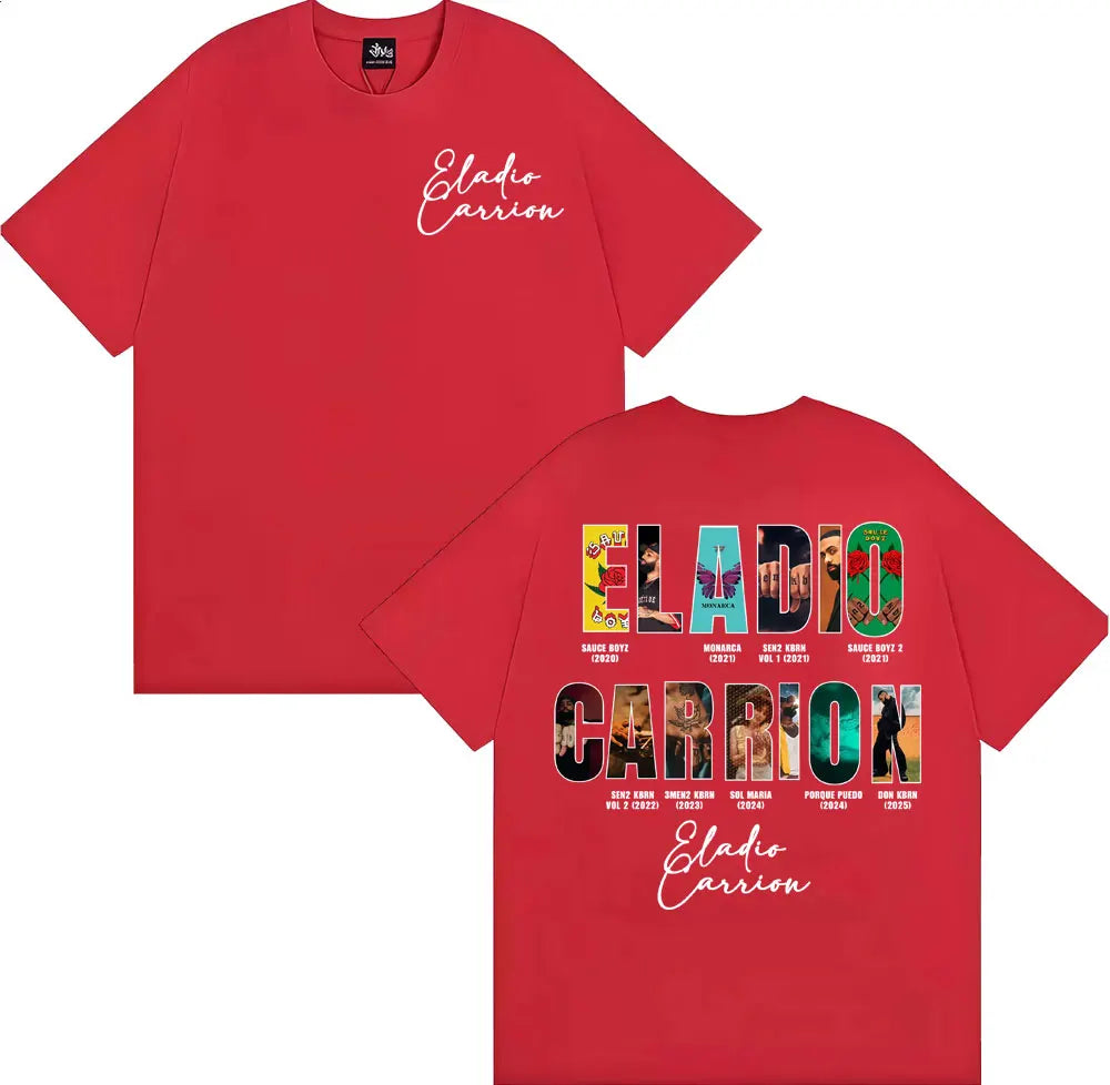 Back of a red rapper eladio carrion t-shirt featuring a vintage 90s hip hop collage with album cover and tour dates