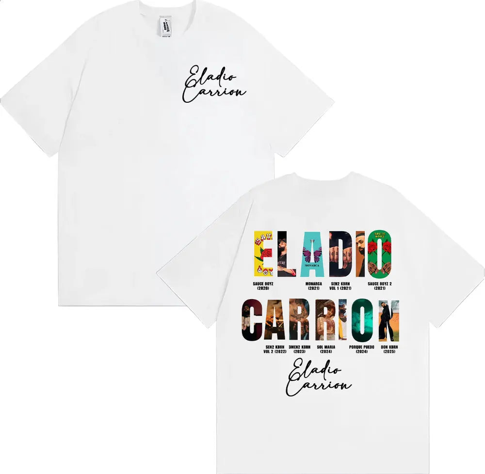 White t-shirt with eladio carrión in black cursive on front and colorful collage graphic on back vintage 90s hip hop style