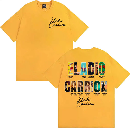Bright yellow short-sleeved t-shirt featuring rapper eladio carrion cursive on front and vintage 90s hip hop tour graphic back