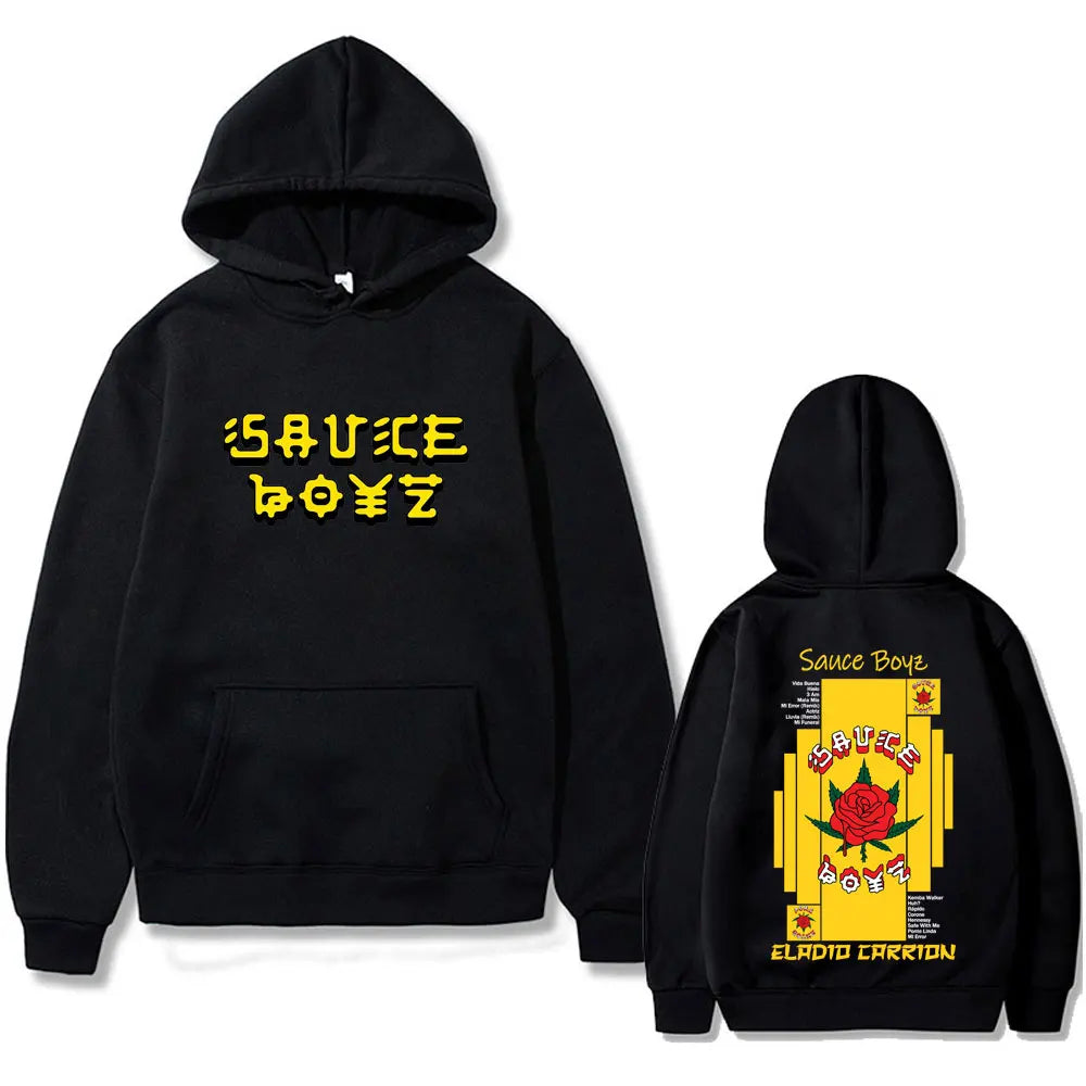 Black hoodie with bold yellow carrion sauce boyz graphic and red rose on back inspired by rapper eladio carrion album graphic hoodie
