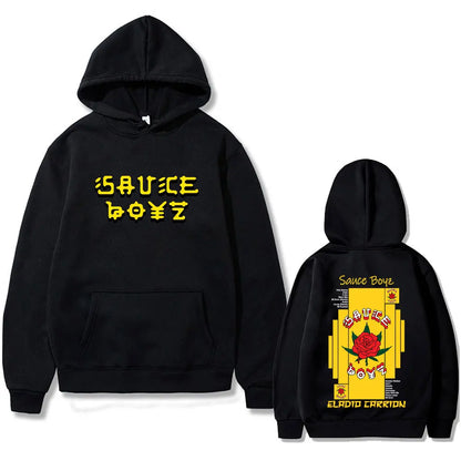 Black hoodie with bold yellow carrion sauce boyz graphic and red rose on back inspired by rapper eladio carrion album graphic hoodie