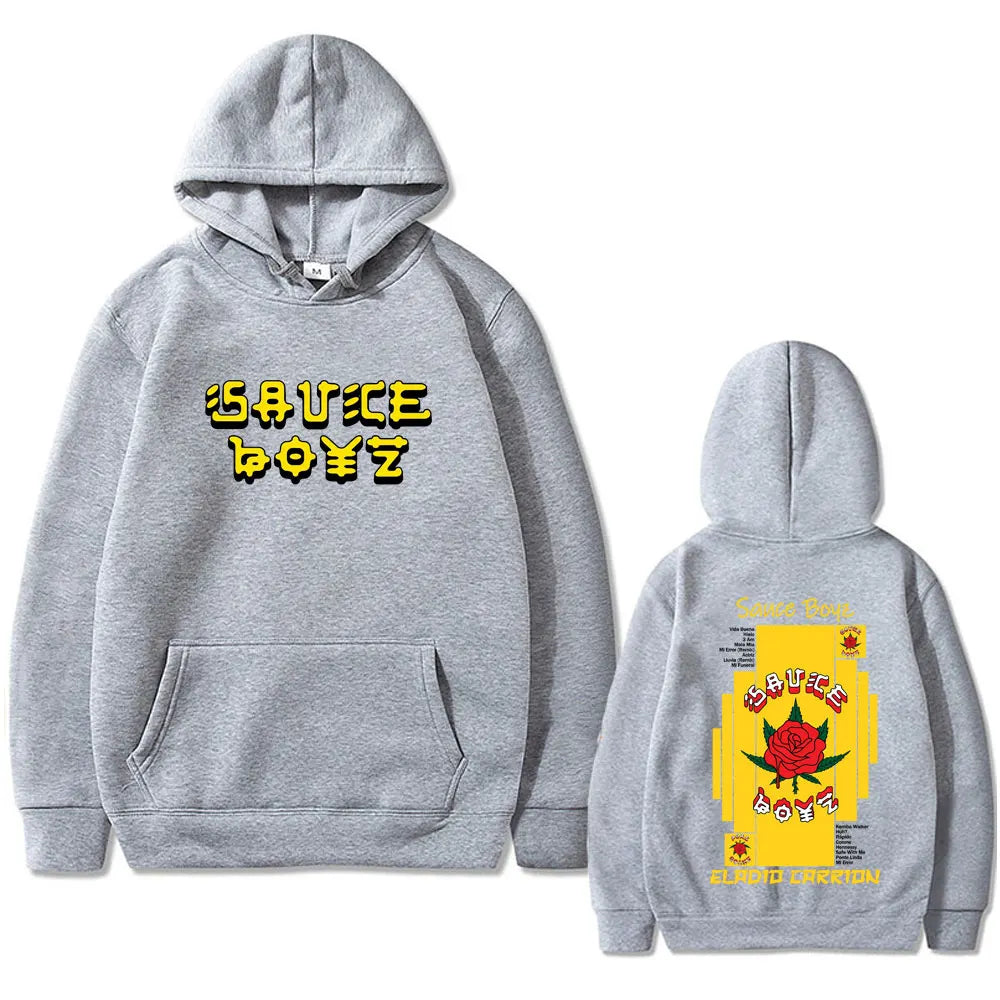 Gray hoodie with bold yellow graphic designs and red rose illustration for rapper eladio carrion carrion sauce boyz album graphic hoodie
