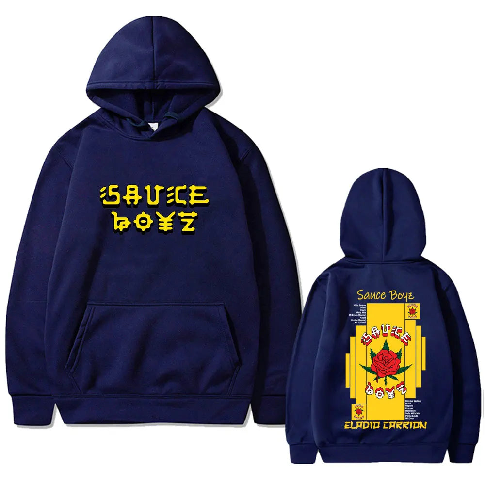 Navy blue rapper eladio carrion album graphic hoodie with bold yellow sauce boyz text and red rose design front and back