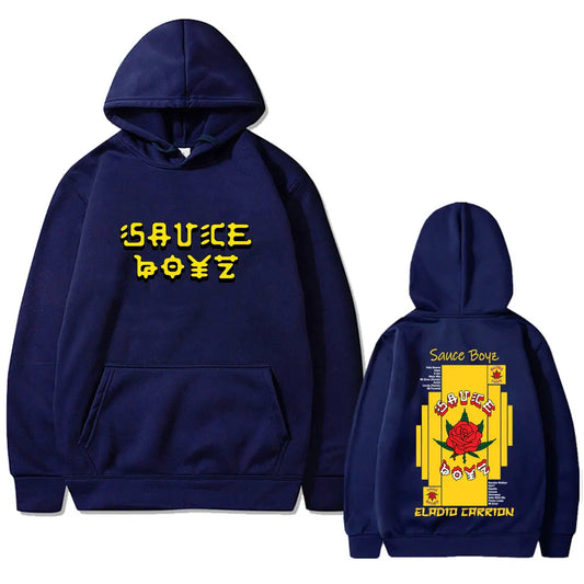 Navy blue rapper eladio carrion album graphic hoodie with bold yellow sauce boyz text and red rose design front and back