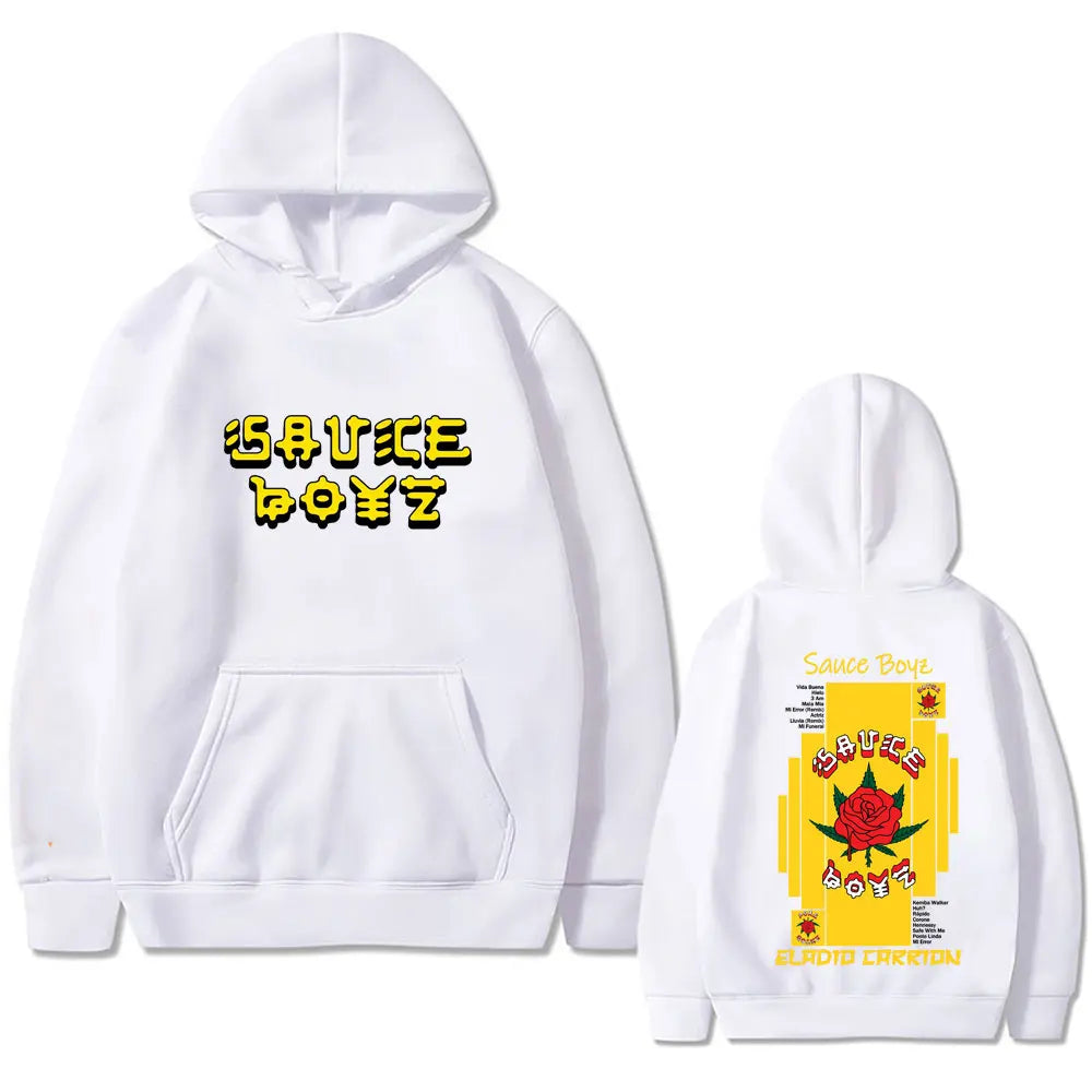 White hoodie with bold yellow japanese lettering and red rose graphic on back rapper eladio carrion carrion sauce boyz album graphic hoodie