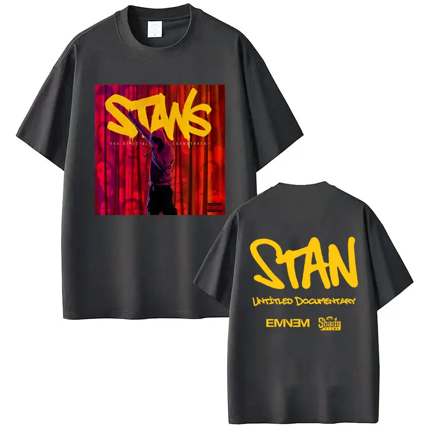 Black short-sleeved cotton t-shirt with bold yellow stan graphic and rapper eminem album stans print on back hip hop vintage design