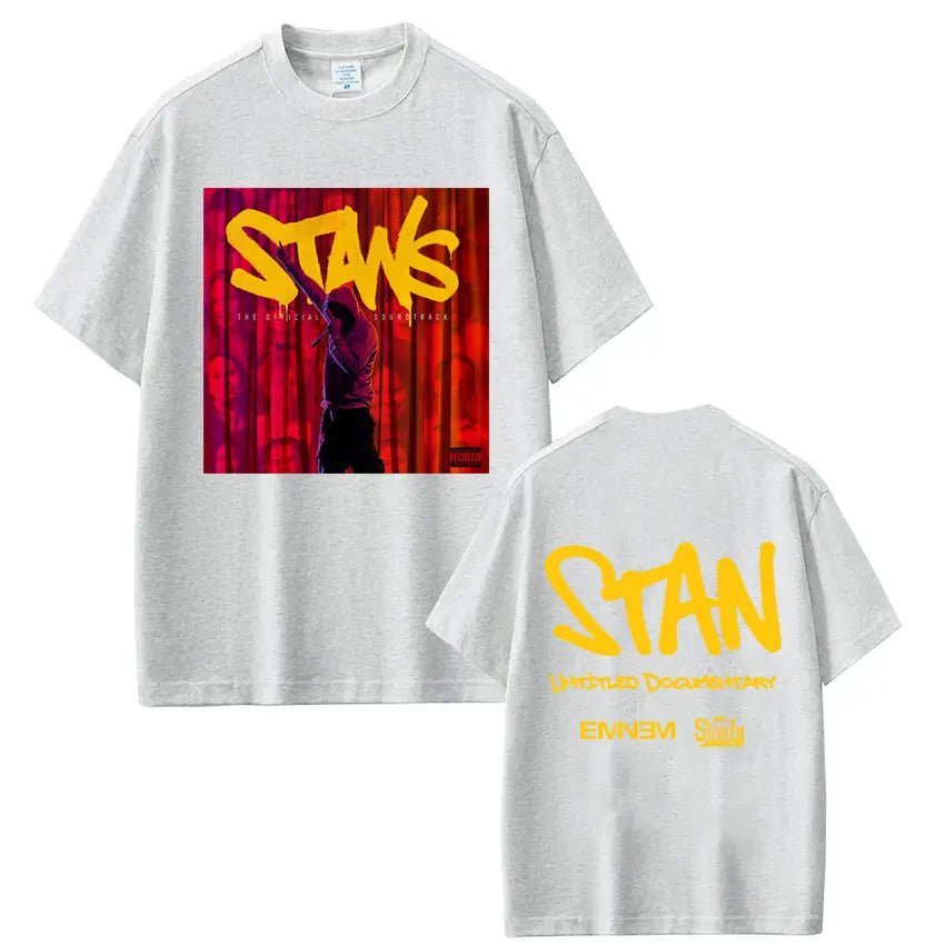 Light gray cotton t-shirt with bold yellow stan graphic front and back featuring rapper Eminem album stans print hip hop vintage style