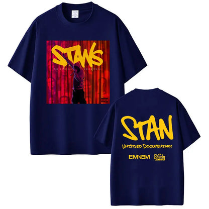 Navy blue cotton short-sleeved t-shirt with bold yellow stan graphic and red curtain background hip hop vintage style
