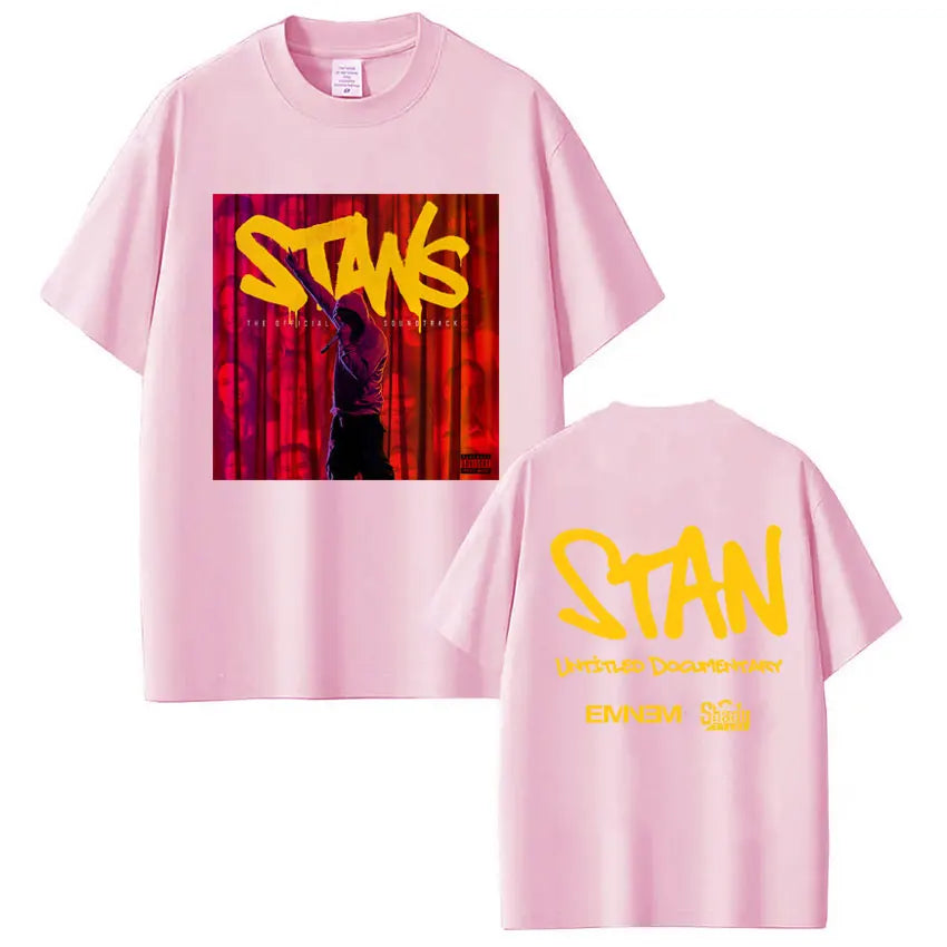 Pink short-sleeved cotton t-shirt with album stans print front and hip hop vintage rapper eminem yellow text back
