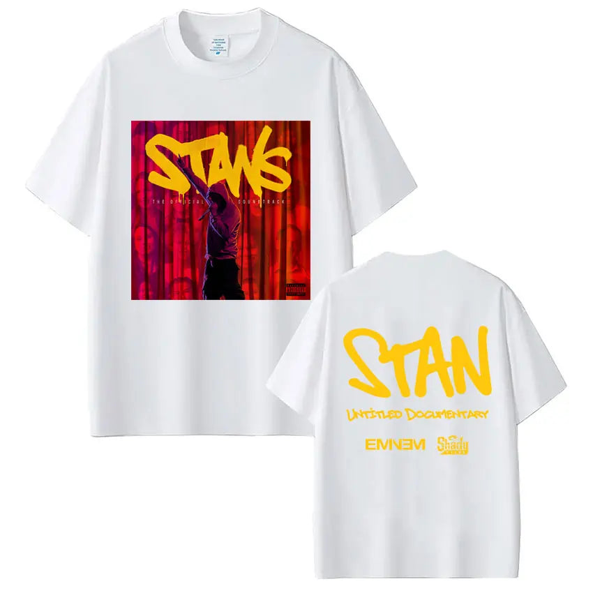 White cotton oversized t-shirt with bold yellow stan album stans print from rapper eminem hip hop vintage streetwear