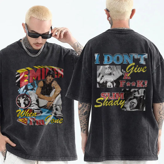 Black oversized short sleeves t-shirt with rapper eminem vintage faded graphics front and hip hop harajuku back design