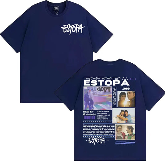 Navy blue comfort cotton oversized t-shirt featuring white Estopa rapper graphic for hip hop style shirts