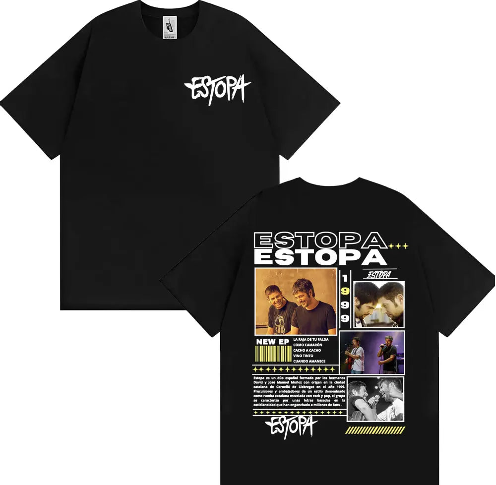 Black cotton rapper estopa tour t-shirt with white graffiti front text and detailed graphic back print visible