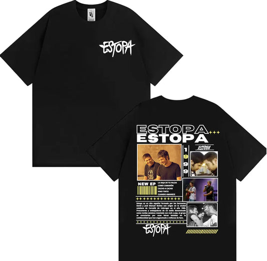 Black cotton rapper estopa tour t-shirt with white graffiti front text and detailed graphic back print visible
