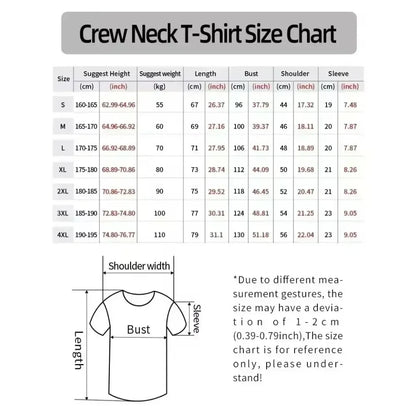 Size chart for rapper estopa tour graphics crew neck t-shirts with measurements in cm and inches for sizes s to 4xl