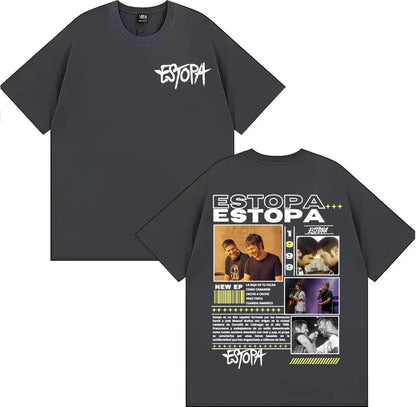 Dark gray oversized cotton t shirt with white estopa graffiti front and detailed back print for hip hop streetwear