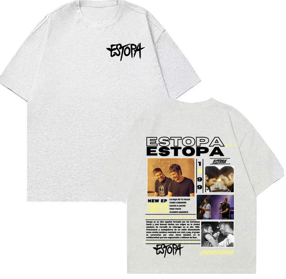White cotton oversized t-shirt featuring rapper estopa tour graphics in black and yellow for hip hop streetwear