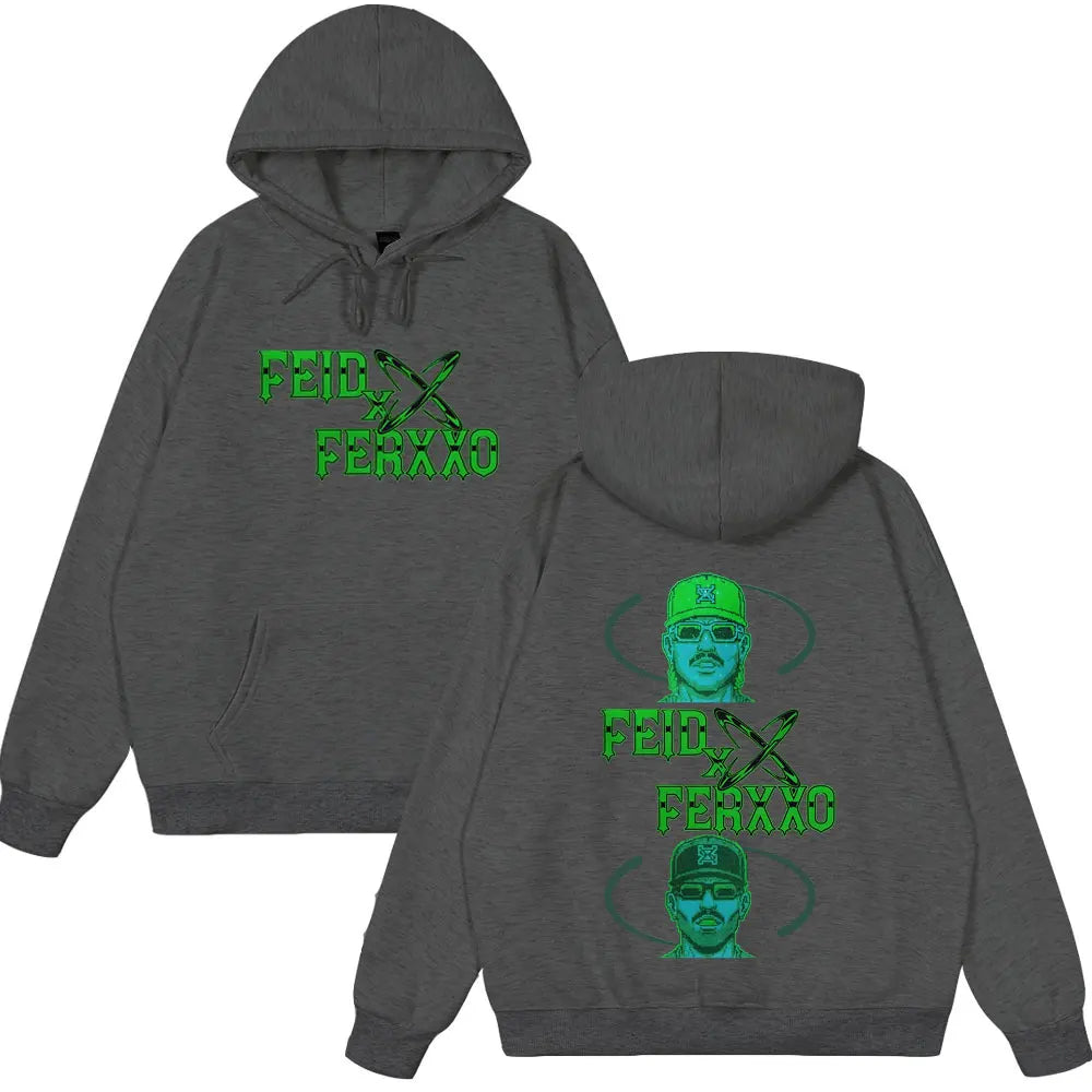 Dark gray hoodie with vibrant green rapper feid ferxxo graphic and illustrated portrait for ferxxo falxxo tour fashion pullover autumn