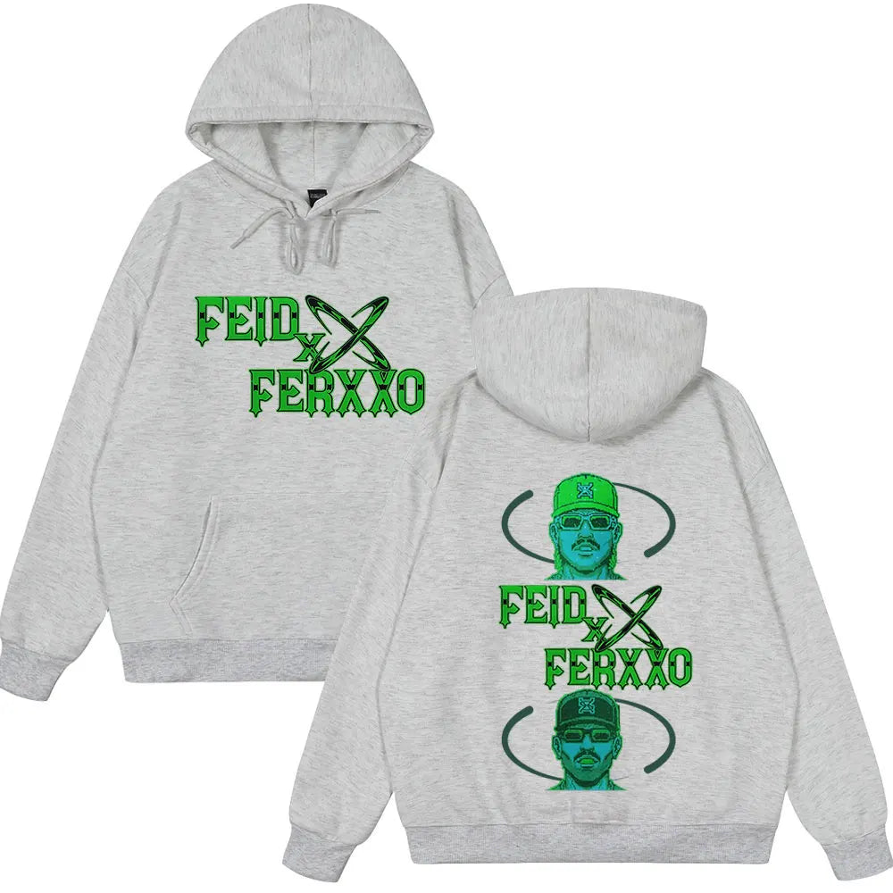Gray heathered hoodie with bold green feid x ferxxo graphics and stylized portraits for ferxxo falxxo tour fashion pullover autumn