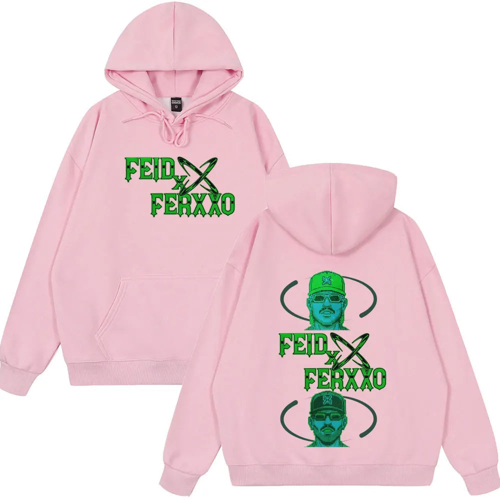 Back of pink rapper feid ferxxo fashion pullover autumn hoodie with green text and man in cap graphic