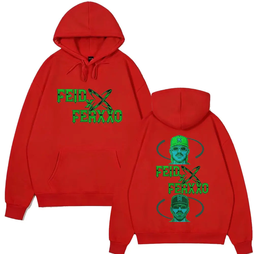 Red hoodie with green graphic of rapper feid ferxxo on front and back for ferxxo falxxo tour fashion pullover autumn