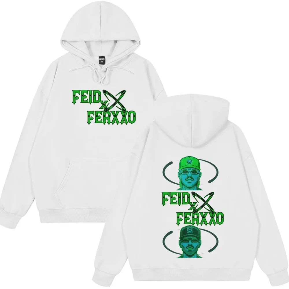 White hoodie with green feid x ferxxo graphic and artist portraits for rapper feid ferxxo ferxxo falxxo tour fashion pullover autumn