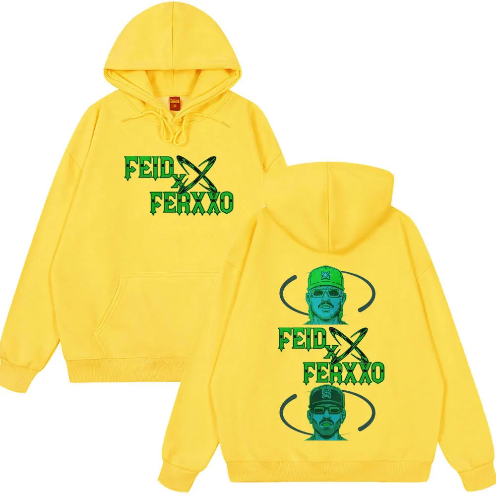 Bright yellow oversized hoodie with green rapper feid ferxxo print front and back for fashion pullover autumn wear