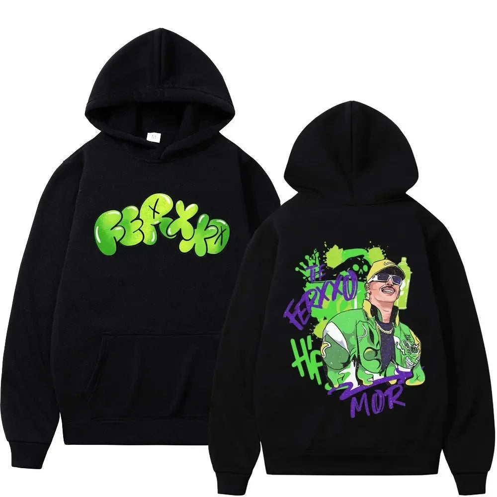 Black rapper feid ferxxo hoodie men with vibrant green and purple graffiti print unisex streetwear hip hop sweatshirt