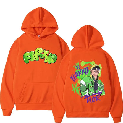 Vibrant orange rapper feid ferxxo hoodie men with bold green graffiti front and colorful cartoon back print women sweatshirt print