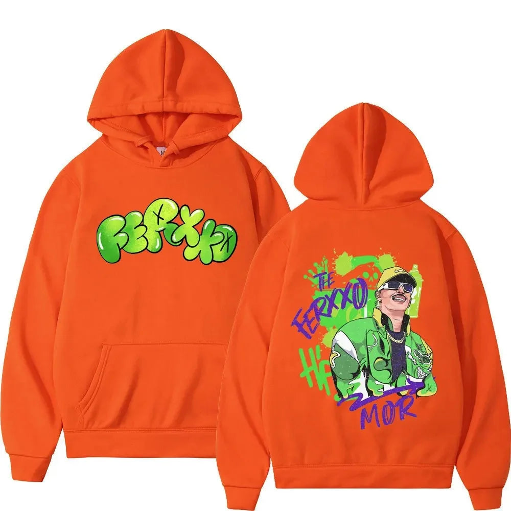 Vibrant orange rapper feid ferxxo hoodie men with bold green print unisex streetwear and colorful cartoon graphic on back