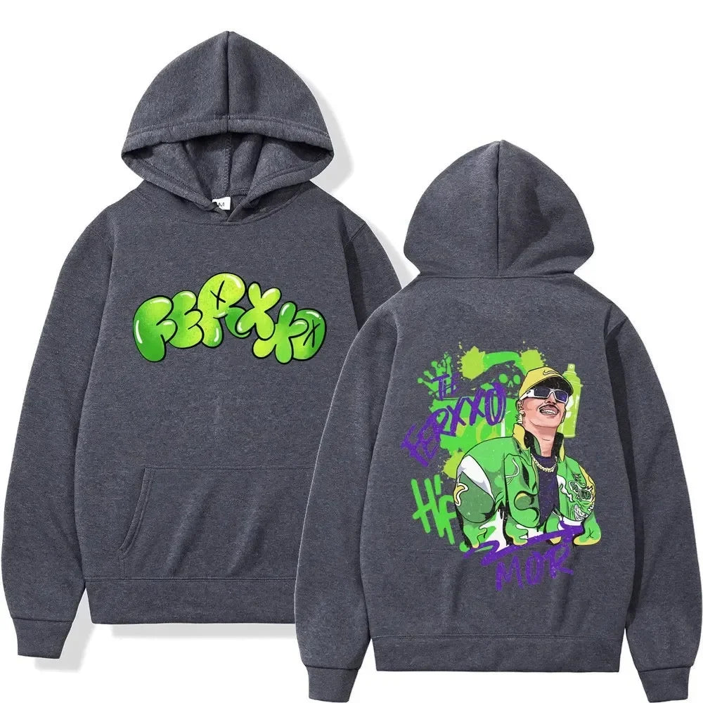 Dark gray rapper feid ferxxo hoodie men with vibrant green and purple graffiti print unisex streetwear back view