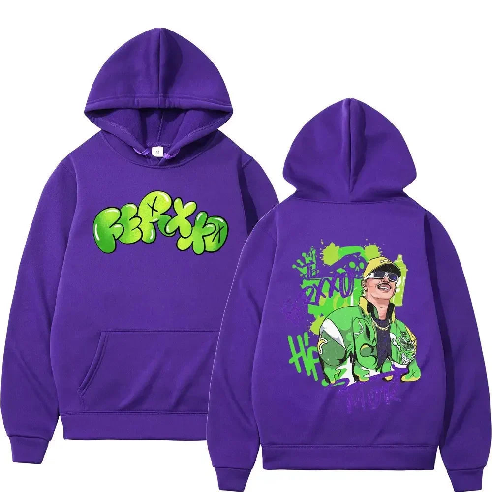 Purple rapper feid ferxxo print unisex streetwear hoodie with vibrant green logo front and cartoon graphic back