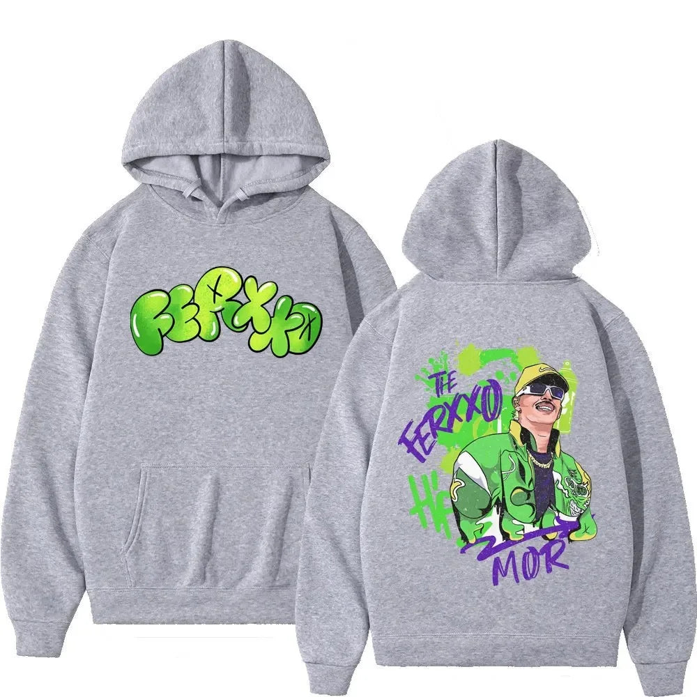 Back view of gray rapper feid ferxxo hoodie men with vibrant green purple graffiti print unisex streetwear sweatshirt