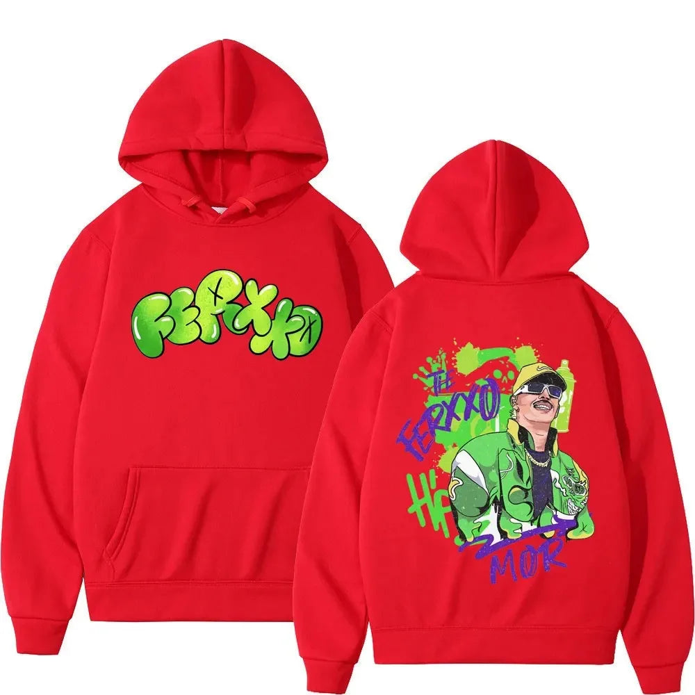 Red rapper feid ferxxo hoodie men featuring vibrant green graffiti print and colorful cartoon illustration on the back