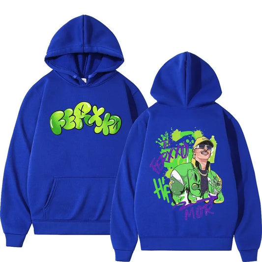 Royal blue rapper feid ferxxo hoodie men with vibrant green and purple graffiti print unisex streetwear sweatshirt