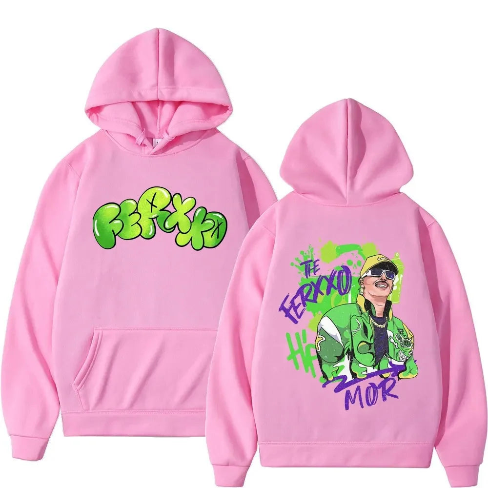 Pink rapper feid ferxxo hoodie men women sweatshirt print with vibrant green and purple graffiti streetwear design