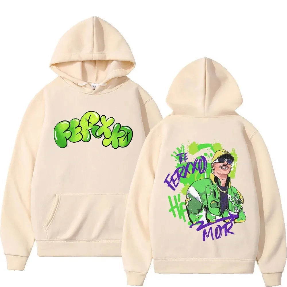 Cream-colored rapper feid ferxxo hoodie men featuring vibrant green and purple graffiti style print unisex streetwear