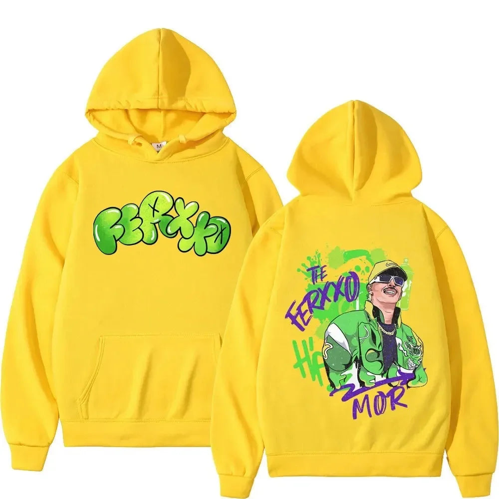 Bright yellow rapper feid ferxxo hoodie men with vibrant green and purple back print unisex streetwear hip hop style