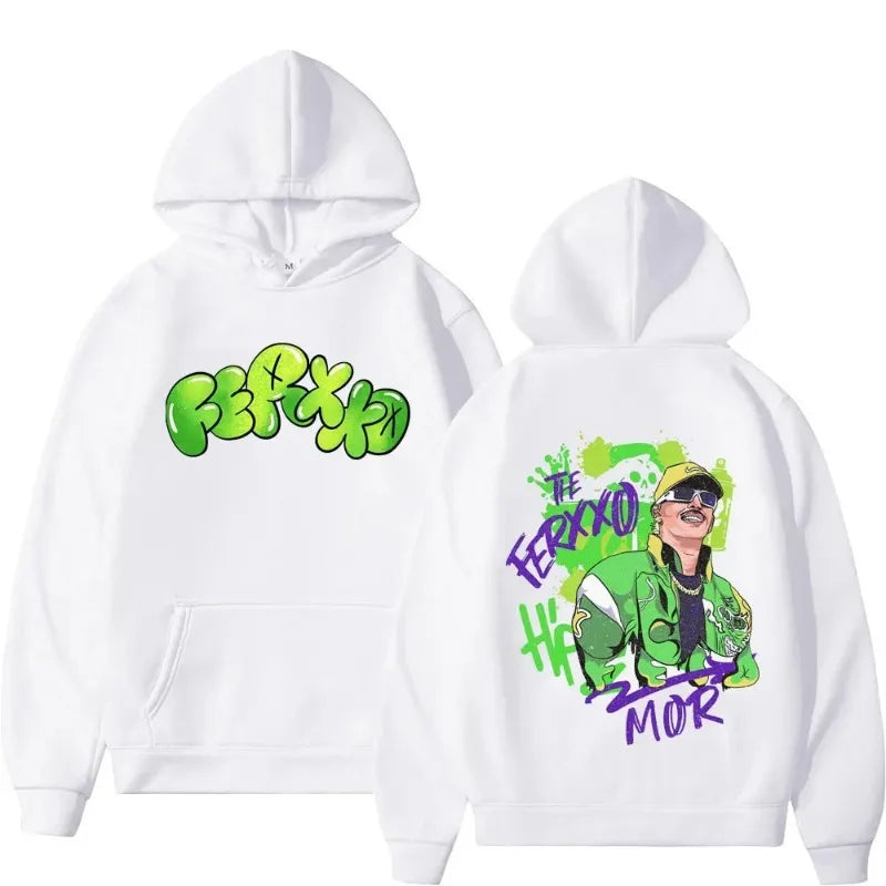 White hoodie with vibrant green and purple rapper feid ferxxo graphic and graffiti text for ferxxo hoodie men and women sweatshirt print