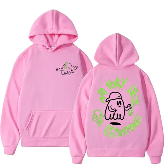 Pink rapper feid ferxxo hoodie featuring a cartoon ghost design with neon green text in a man sweatshirt loose fit