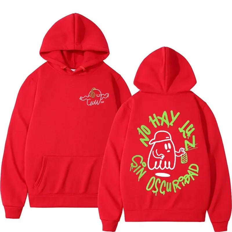 Back view of red rapper feid ferxxo trendy graphic hoodie with neon ghost design and man sweatshirt loose fit
