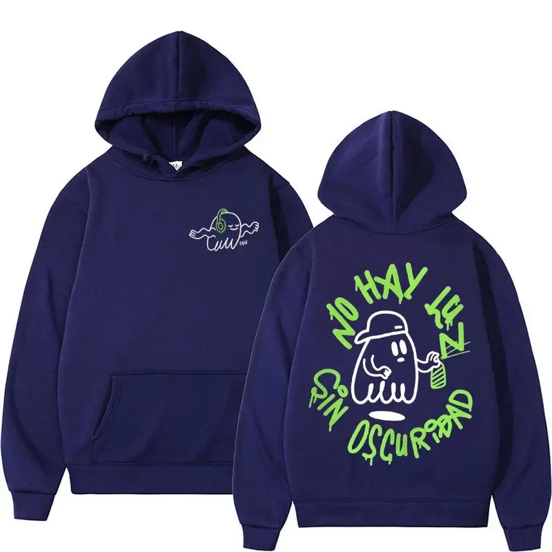 Navy blue loose man sweatshirt featuring neon green and white cartoon ghost graphics rapper feid ferxxo trendy graphic hoodie